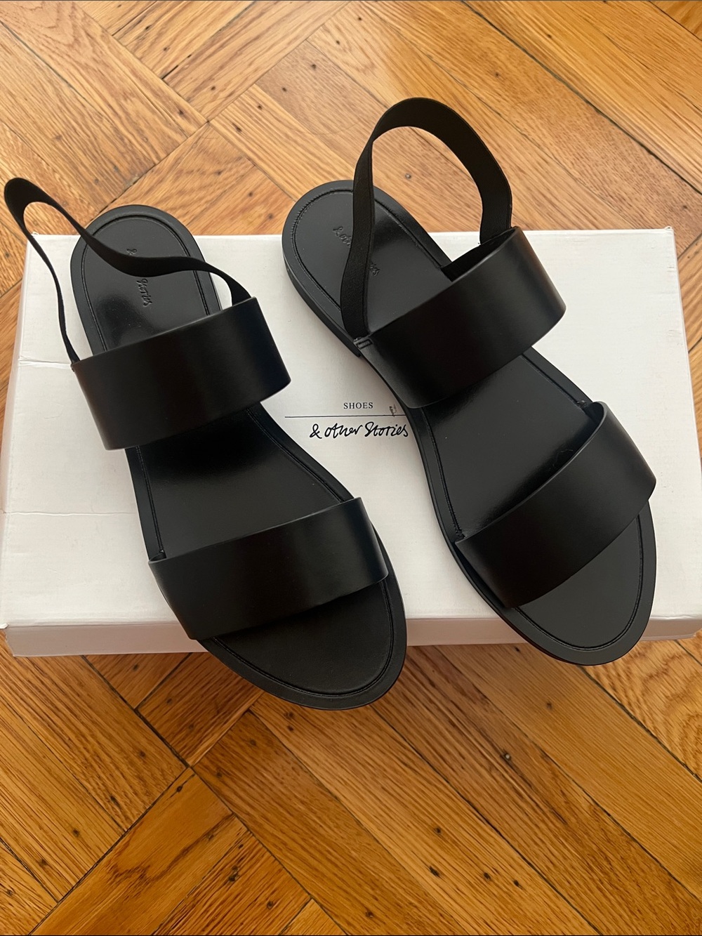 & Other Stories Black Leather Double-Band Sling Sandals, Size 9